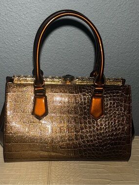 Doctor Bag Inspired Croc Embossed Jewel Clasp Satchel Brown Glam